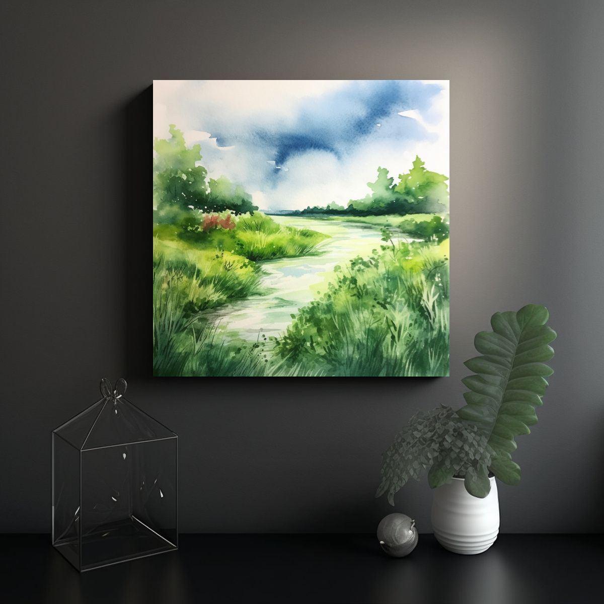 GENERICO - Cuadro Tonos Comedor Estilo Acuarela Verde Agua 50x50 Cm