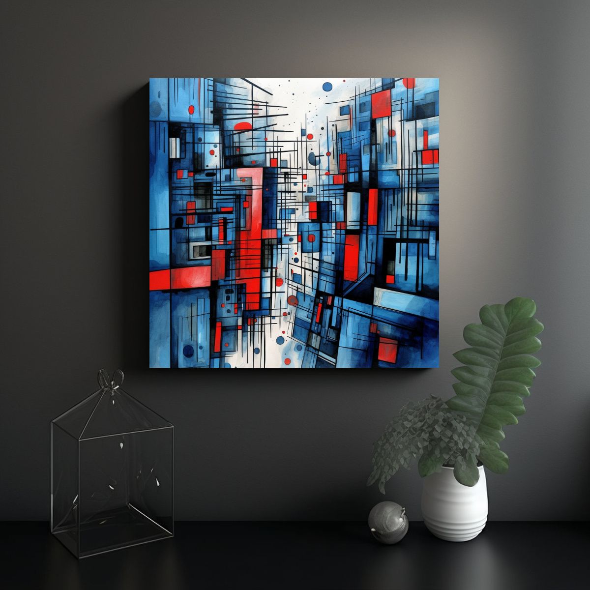 GENERICO - Pintura Abstracta Ciudad Azulnegro Y Rojo En 90x90 Cm