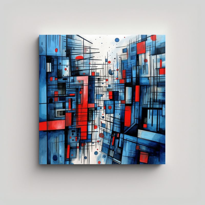 GENERICO - Pintura Abstracta Ciudad Azulnegro Y Rojo En 50x50 Cm