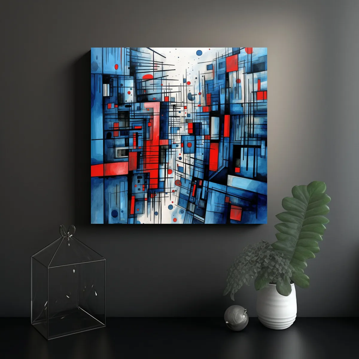 GENERICO - Pintura Abstracta Ciudad Azulnegro Y Rojo En 50x50 Cm