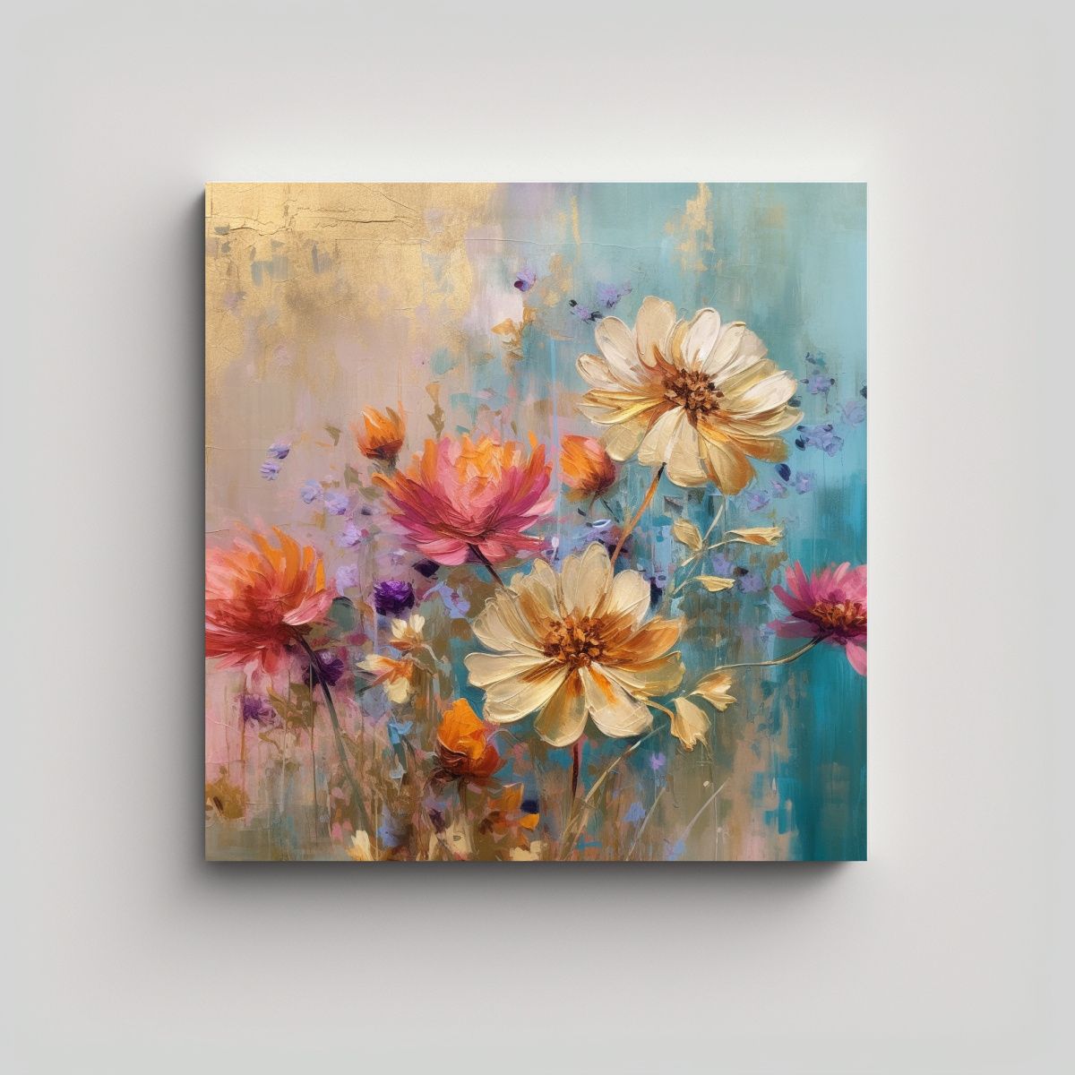 GENERICO - Pintura Acrílica En Lienzo Flores Abstractas 90x90 Cm