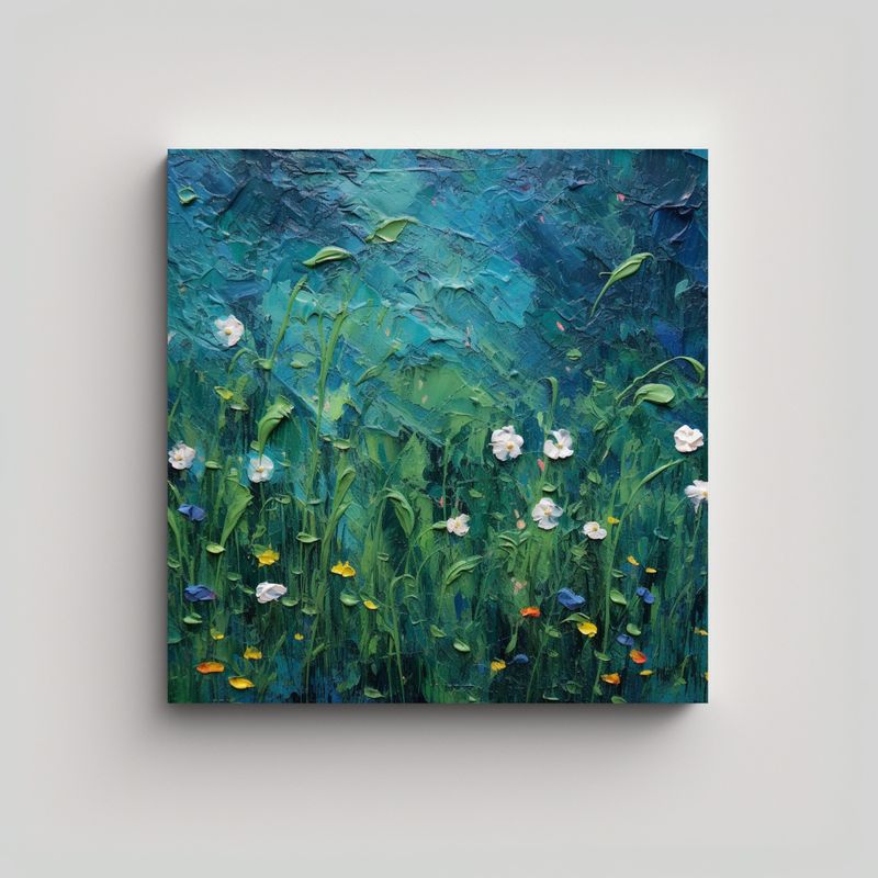 GENERICO - Pintura Texturizada De Campo De Flores En Azul Y 90x90 Cm