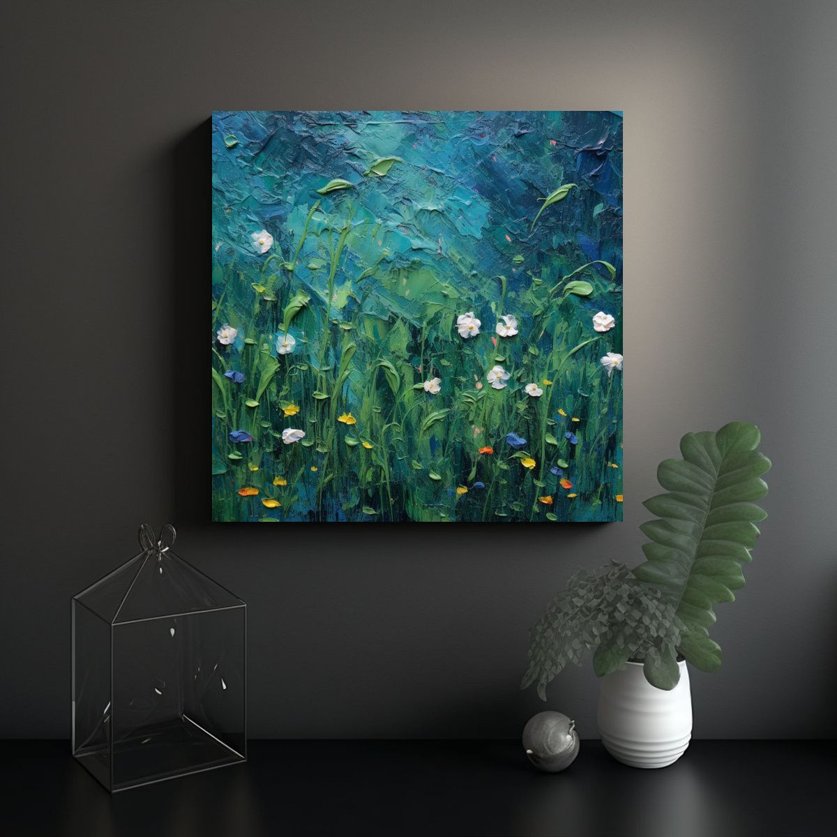 GENERICO - Pintura Texturizada De Campo De Flores En Azul Y 80x80 Cm