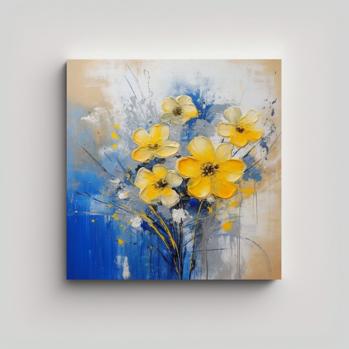GENERICO - Cuadro Original Flores En Tonos Azules Sobre 50x50 Cm