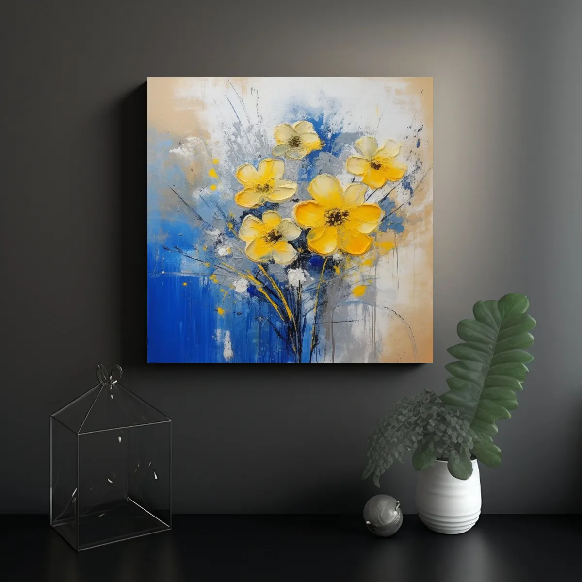 GENERICO - Cuadro Original Flores En Tonos Azules Sobre 50x50 Cm