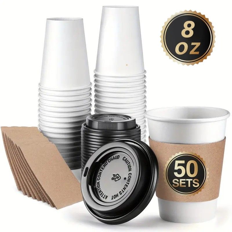 WAKESHOME - Vaso Café Kraft Vasos Polipapel Con Tapa Manga 8oz 50und