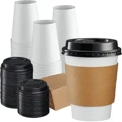 WAKESHOME - Vaso Cafe Kraft Vasos Polipapel Con Tapa Manga 12oz 50und
