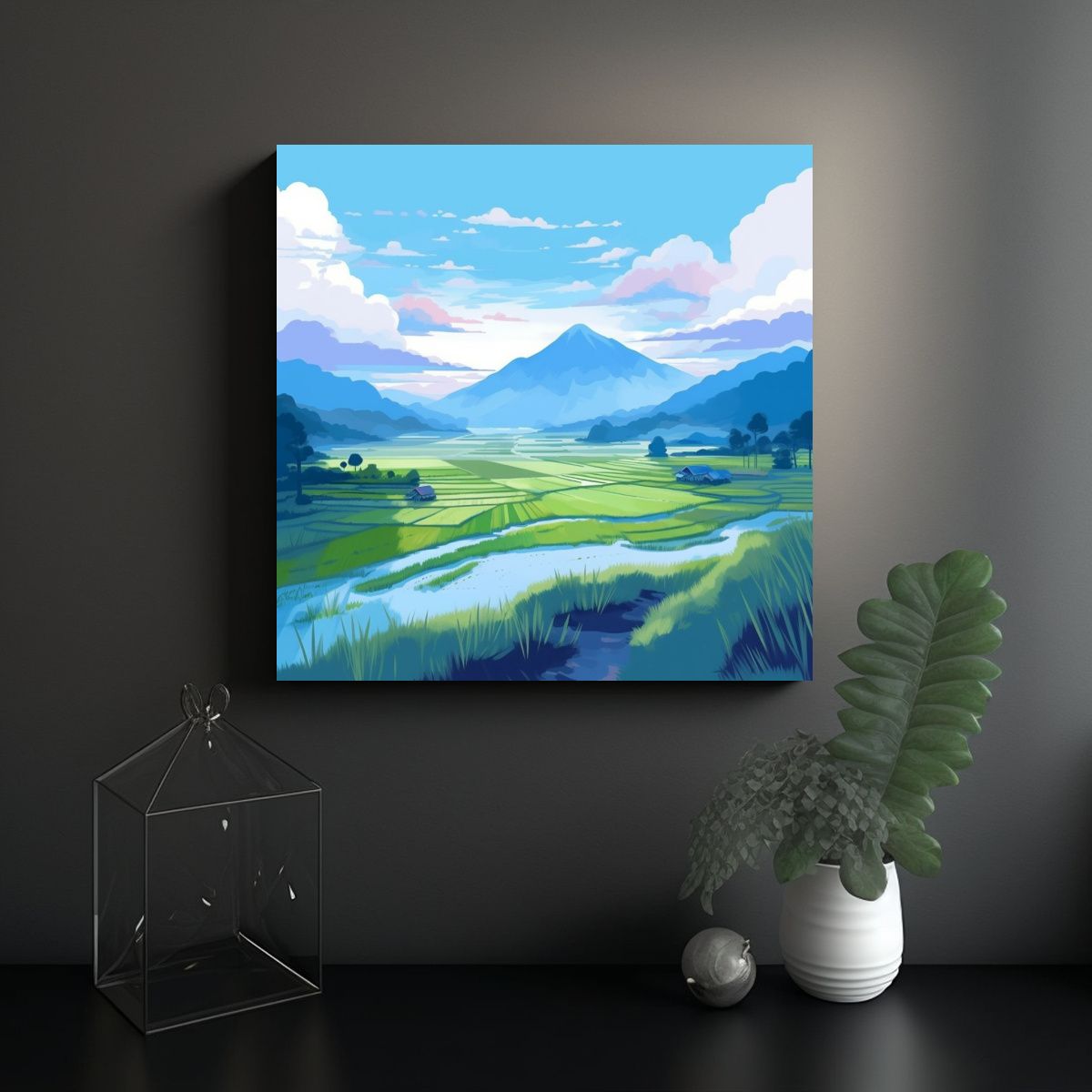 GENERICO - Pintura Vintage De Paisaje Con Campos De Arroz Y 70x70 Cm