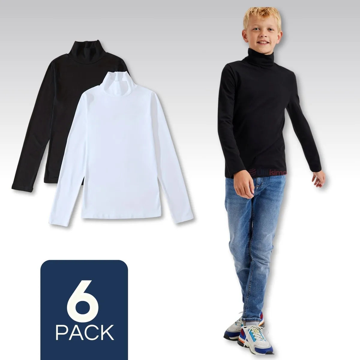 UTILISIMO - Pack 6 Camisetas Polera Beatle Algodón Niño Primera Capa Blanco Negro