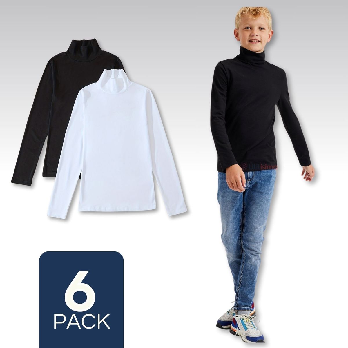 UTILISIMO - Pack 6 Camisetas Polera Beatle Algodón Niño Primera Capa Blanco Negro