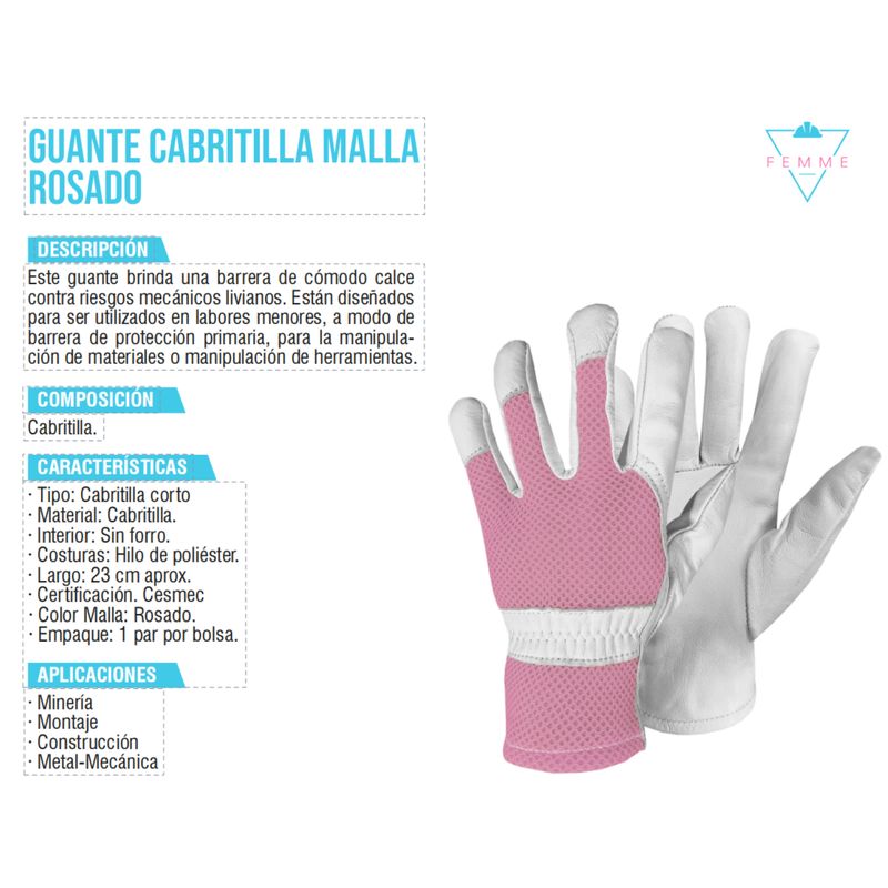 METALFER - Guante Cabritilla Malla Rosado Getpro Talla M