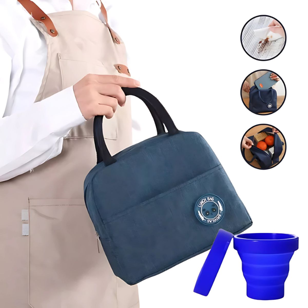 BELIDASHOP - Lunch Box Lonchera Térmica De Alimentos + Taza Plegable Azul