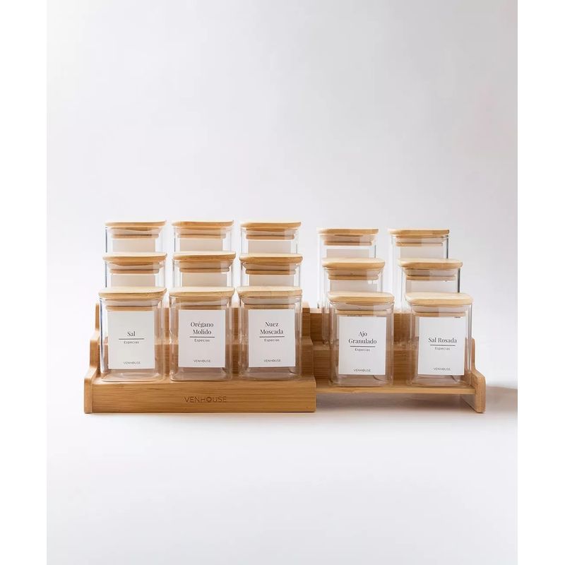 GENERICO - Especiero Cocina 15 Frascos Cuadrado Vidrio Bambú Rack Etiqueta Blanca