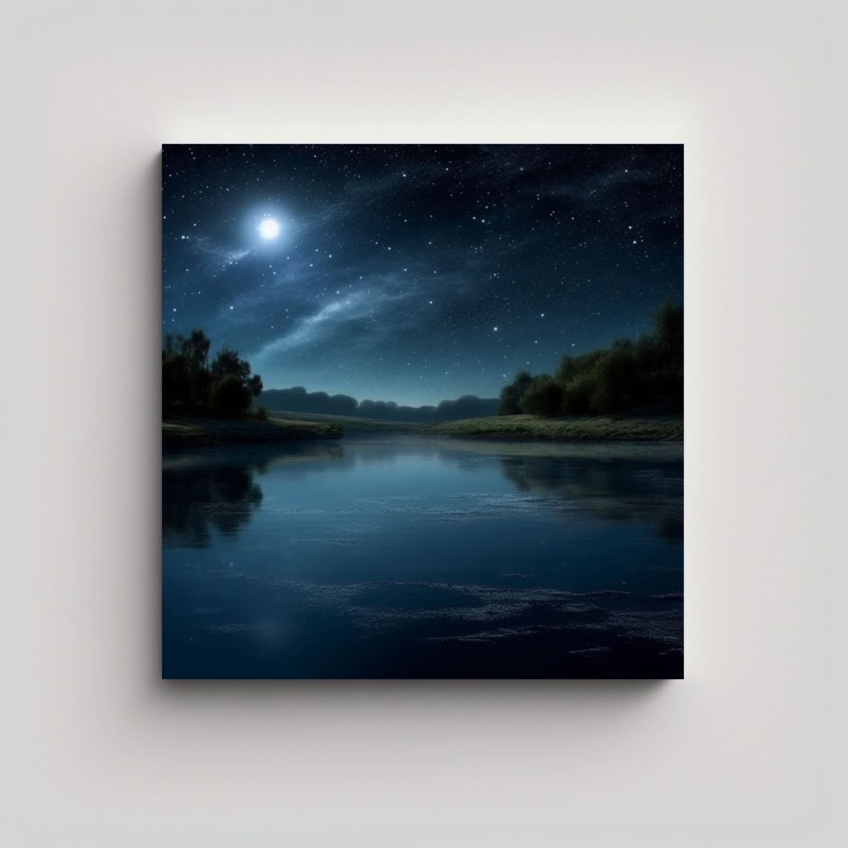 GENERICO - Pintura Paisaje Nocturno Río Sereno Luna Arte 80x80 Cm