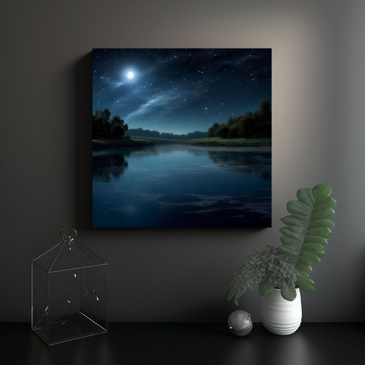 GENERICO - Pintura Paisaje Nocturno Río Sereno Luna Arte 80x80 Cm