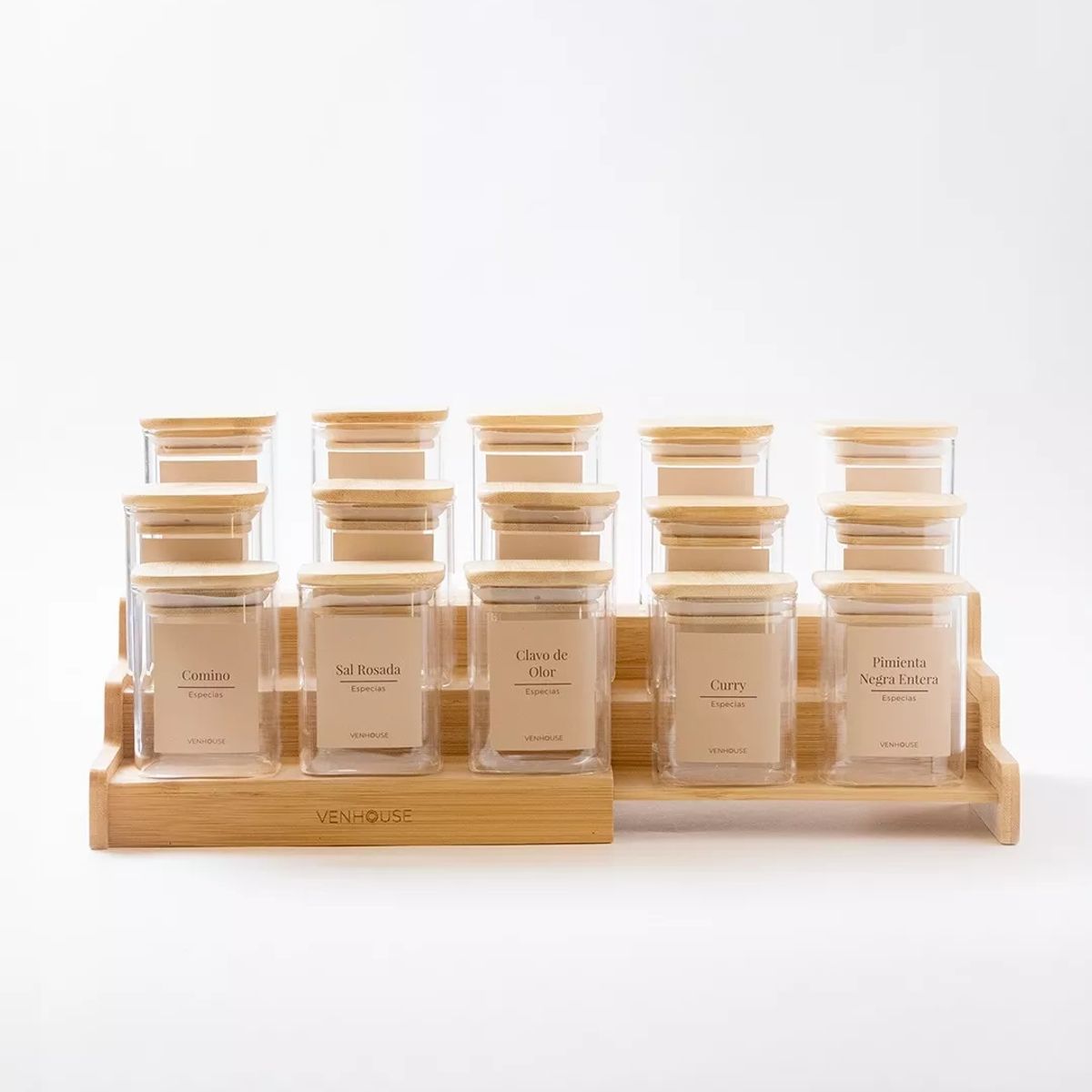 VENHOOUSE - Especiero Cocina 15 Frascos Cuadrado Vidrio Bambú Rack Etiqueta Beige