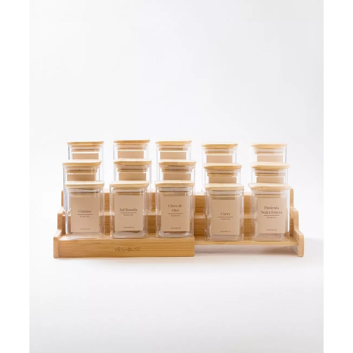 VENHOOUSE - Especiero Cocina 15 Frascos Cuadrado Vidrio Bambú Rack Etiqueta Beige