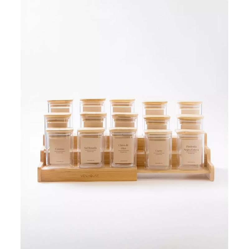 GENERICO - Especiero Cocina 15 Frascos Cuadrado Vidrio Bambú Rack Etiqueta Beige