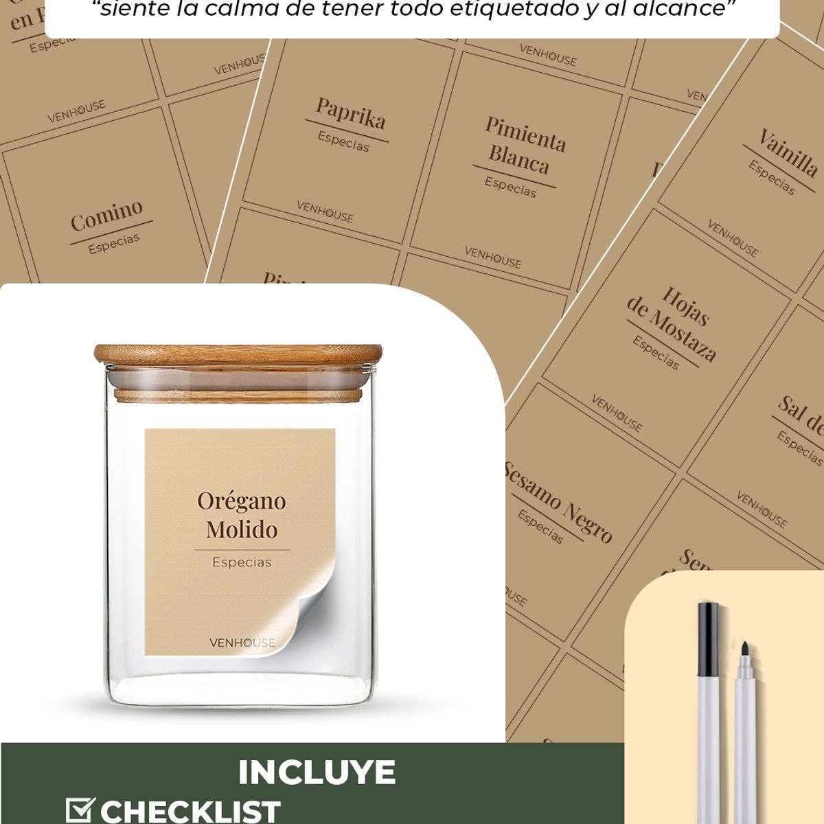 VENHOOUSE - Especiero Cocina 15 Frascos Cuadrado Vidrio Bambú Rack Etiqueta Beige