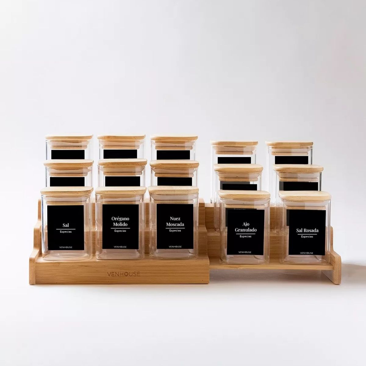VENHOOUSE - Especiero Cocina 15 Frascos Cuadrado Vidrio Bambú Rack Etiqueta Negra