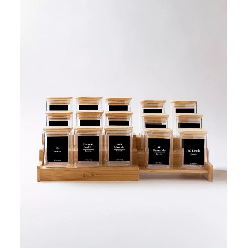 GENERICO - Especiero Cocina 15 Frascos Cuadrado Vidrio Bambú Rack Etiqueta Negra