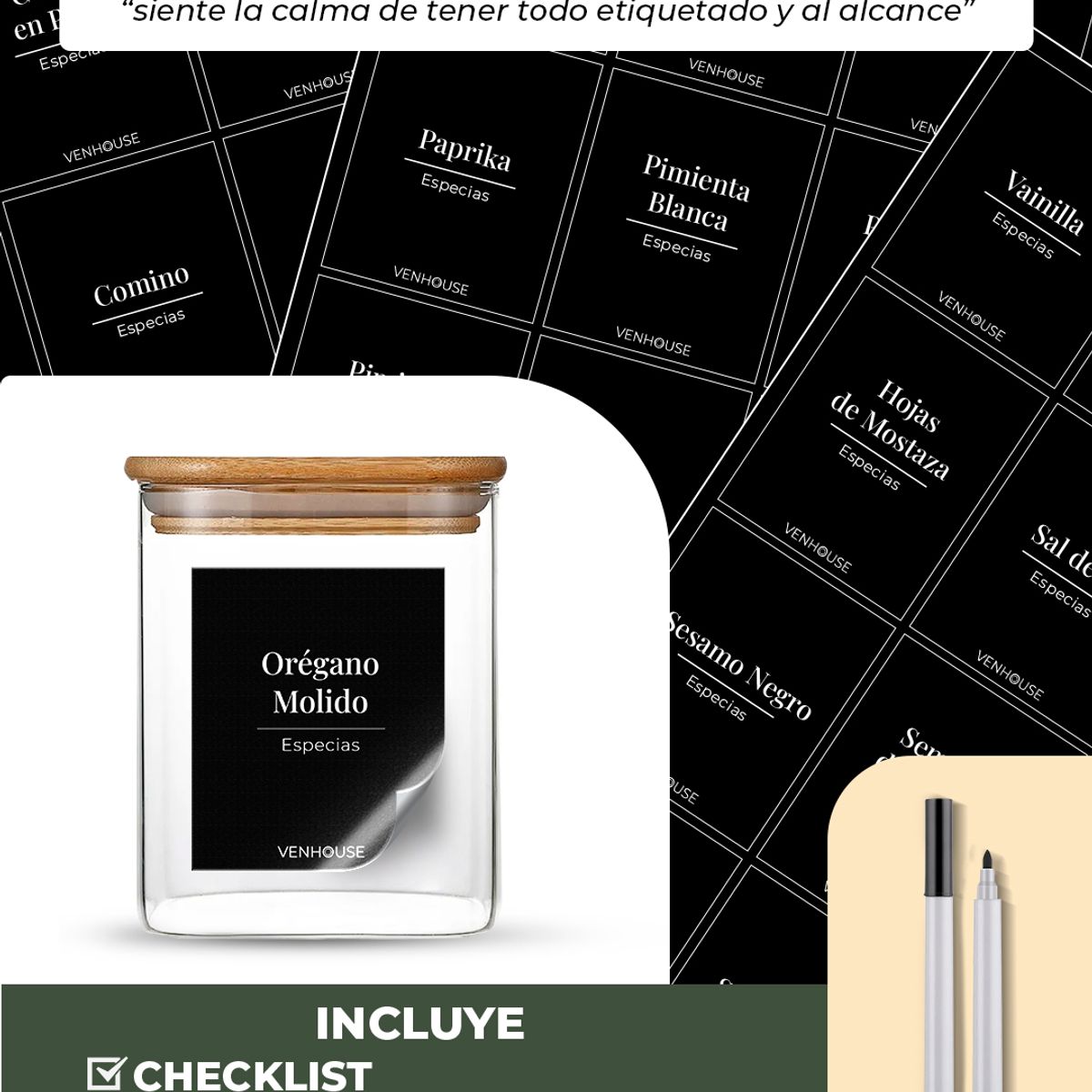 VENHOOUSE - Especiero Cocina 15 Frascos Cuadrado Vidrio Bambú Rack Etiqueta Negra