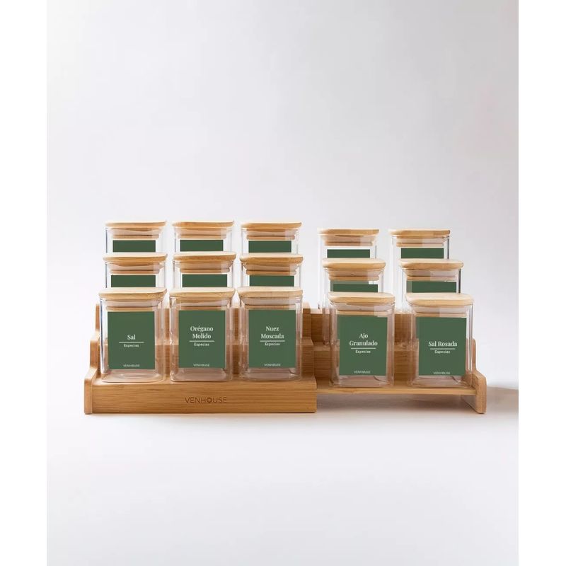 GENERICO - Especiero Cocina 15 Frascos Cuadrado Vidrio Bambú Rack Etiqueta Verde