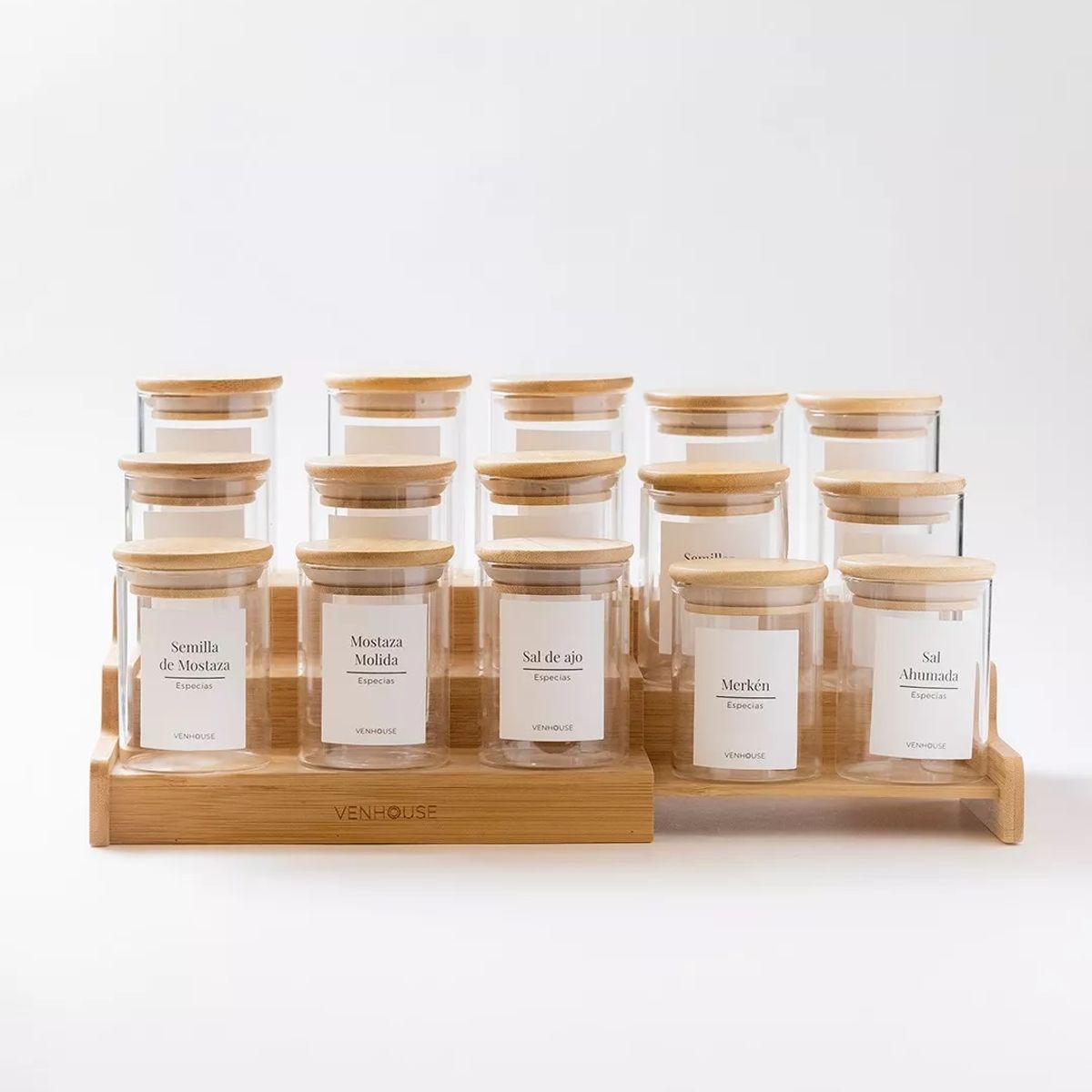 GENERICO - Especiero Cocina 15 Frascos Redondo Vidrio Bambú Rack Etiqueta Blanca