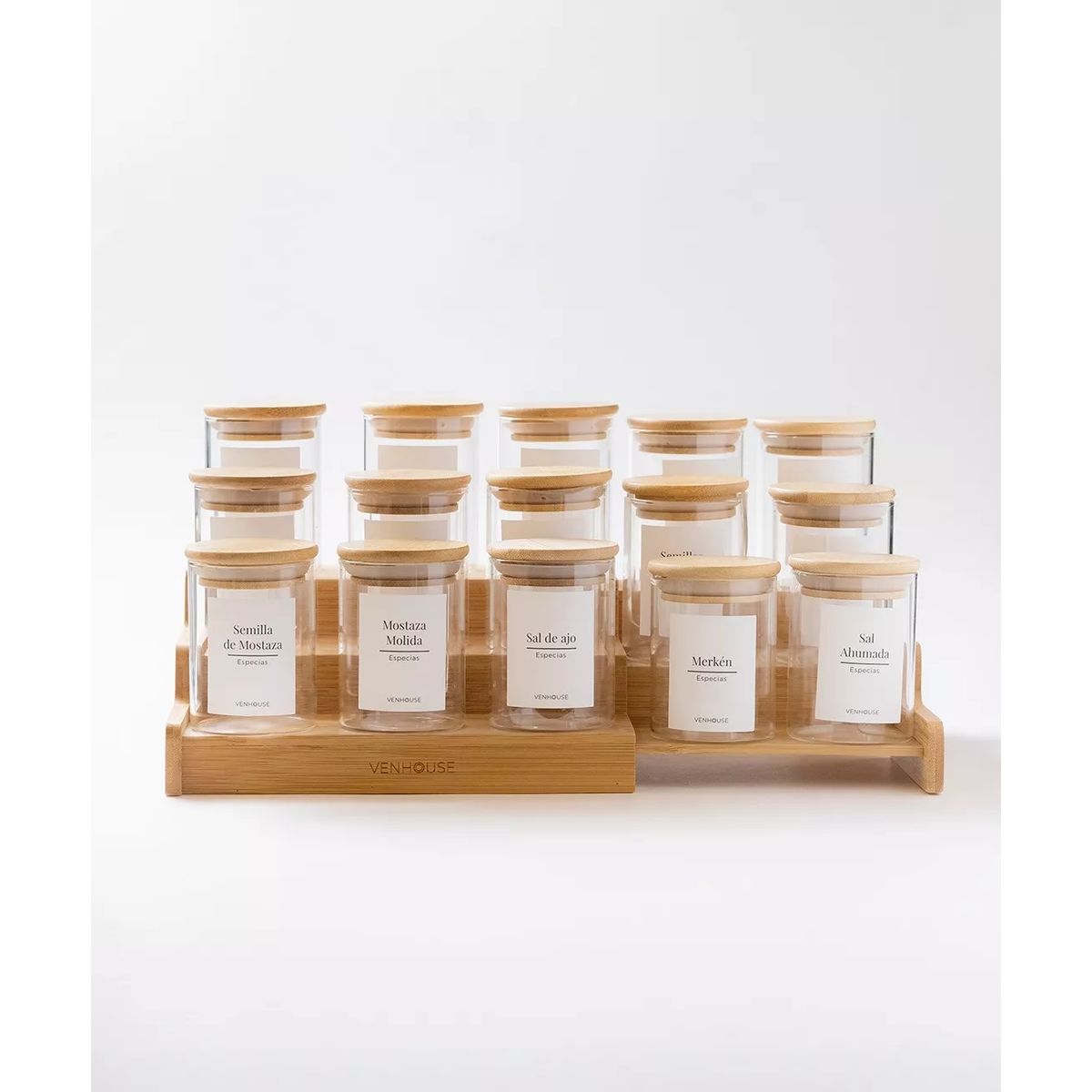 GENERICO - Especiero Cocina 15 Frascos Redondo Vidrio Bambú Rack Etiqueta Blanca