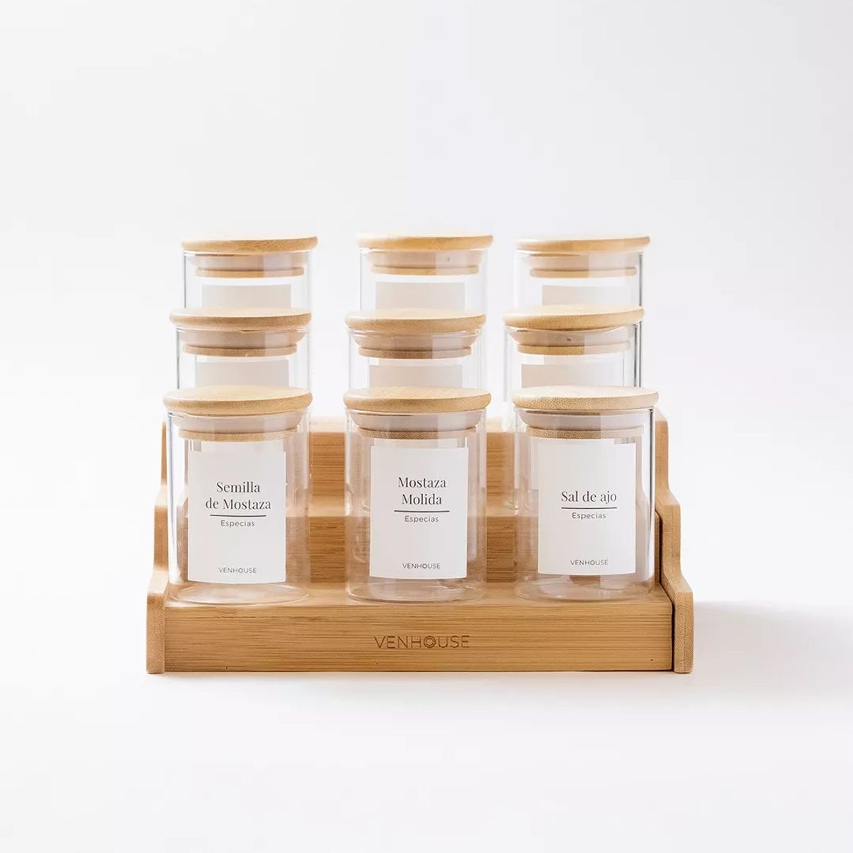 GENERICO - Especiero Cocina 15 Frascos Redondo Vidrio Bambú Rack Etiqueta Blanca