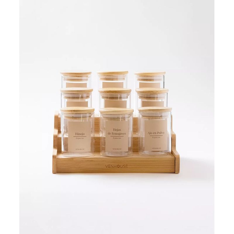 GENERICO - Especiero Cocina 15 Frascos Redondo Vidrio Bambú Rack Etiqueta Beige