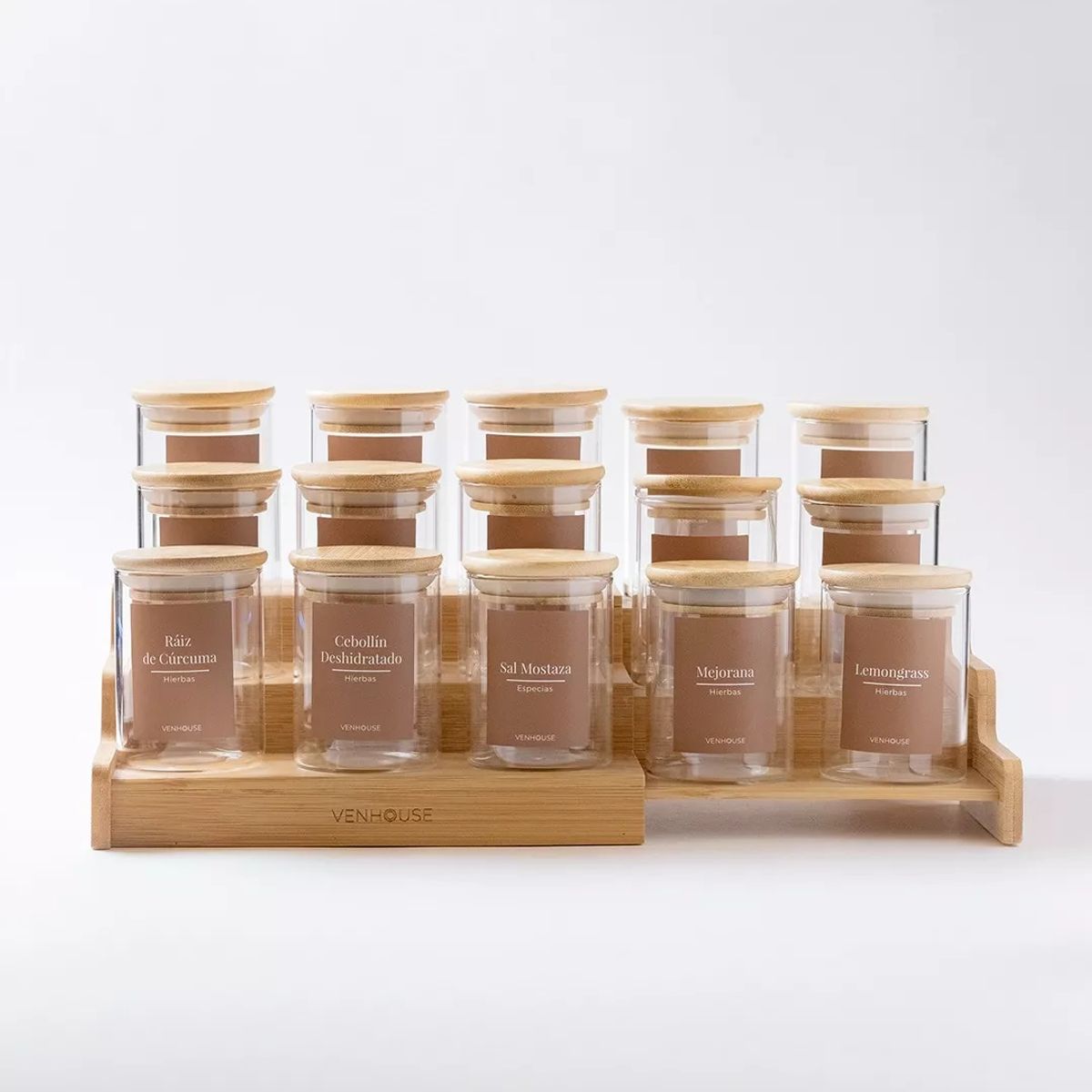 GENERICO - Especiero Cocina 15 Frascos Redondo Vidrio Etiqueta Marrón