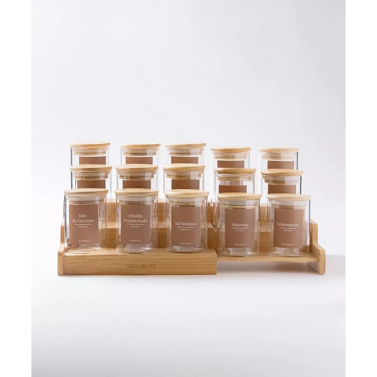 GENERICO - Especiero Cocina 15 Frascos Redondo Vidrio Etiqueta Marrón