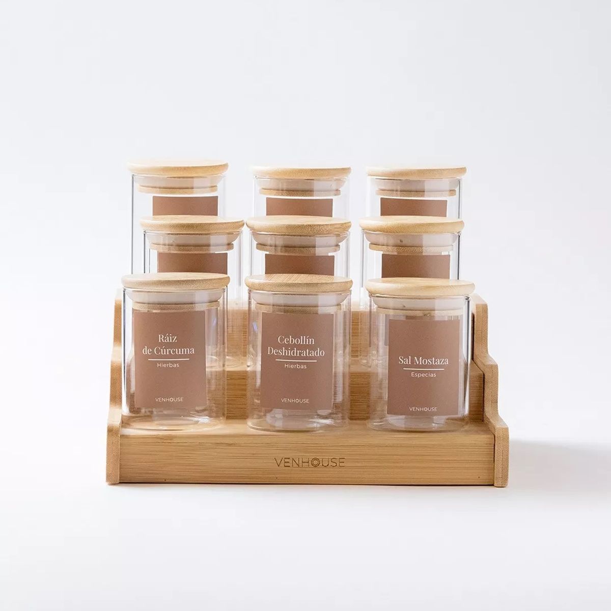 GENERICO - Especiero Cocina 15 Frascos Redondo Vidrio Etiqueta Marrón