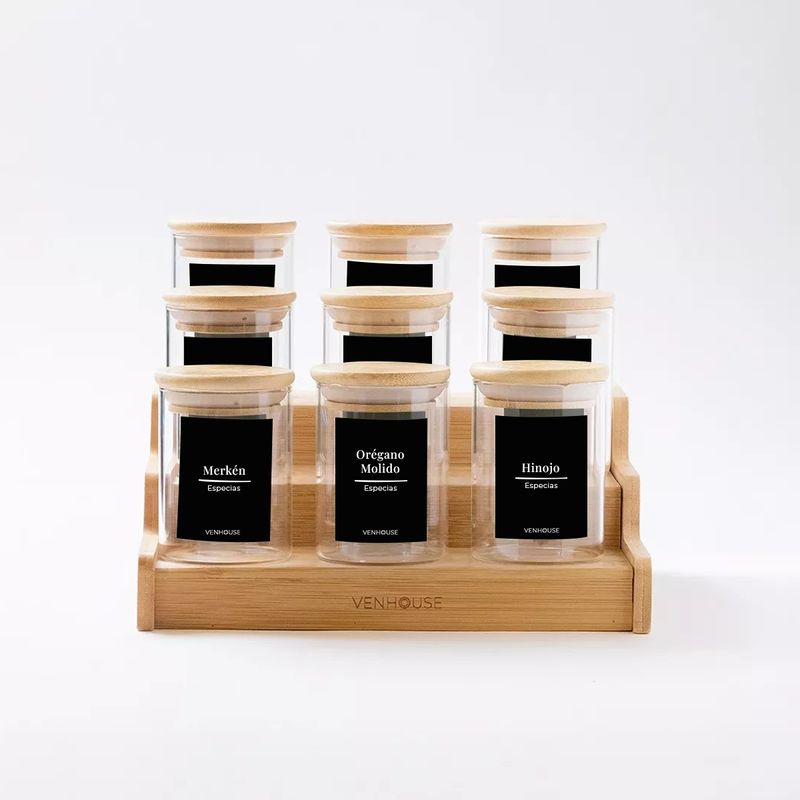 GENERICO - Especiero Cocina 15 Frascos Redondo Vidrio Bambú Rack Etiqueta Negra