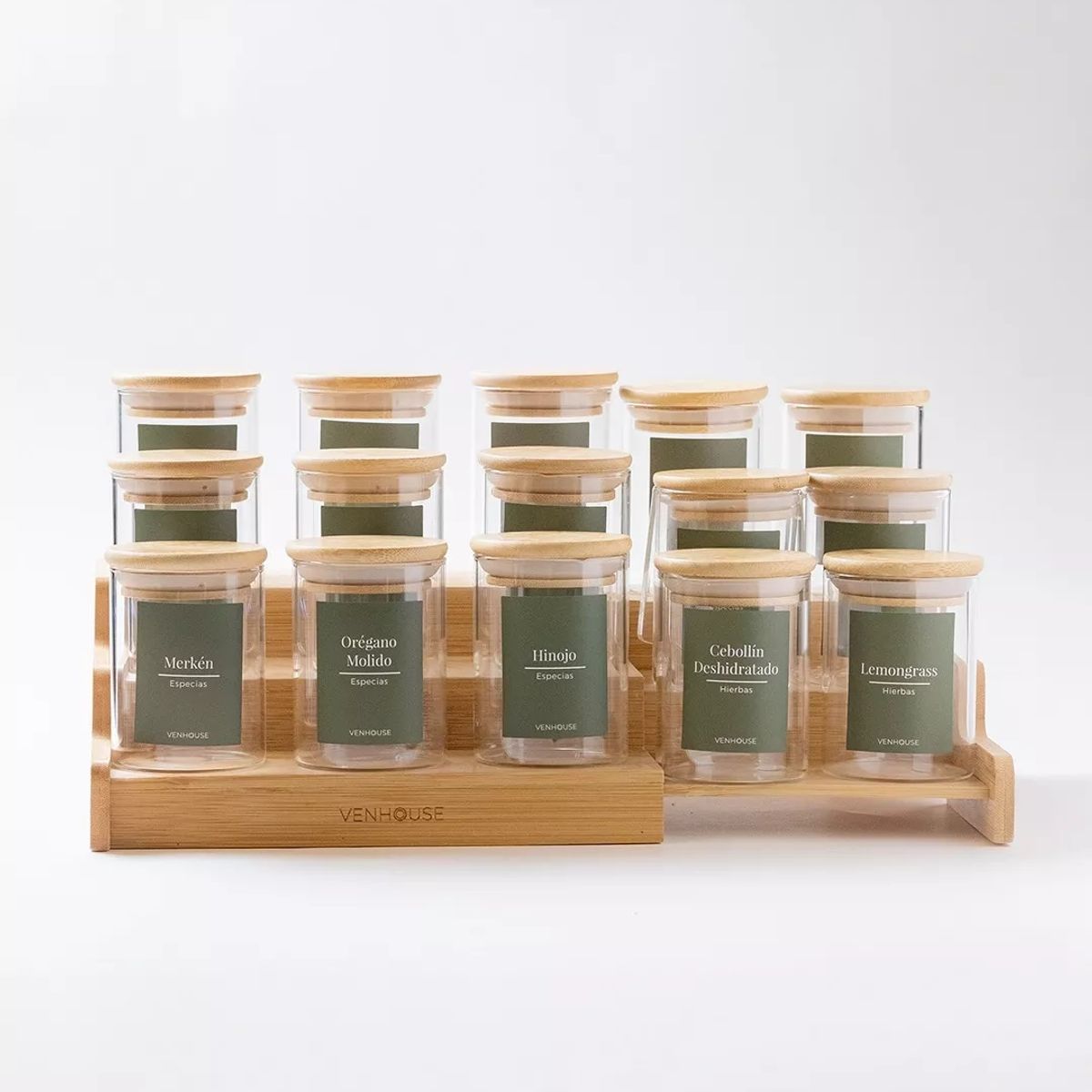 GENERICO - Especiero Cocina 15 Frascos Redondo Vidrio Bambú Rack Etiqueta Verde