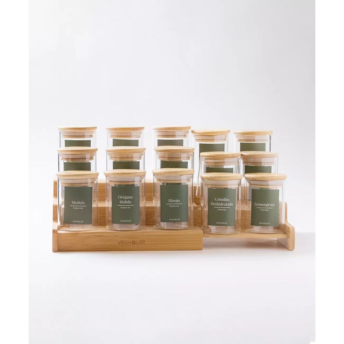 GENERICO - Especiero Cocina 15 Frascos Redondo Vidrio Bambú Rack Etiqueta Verde