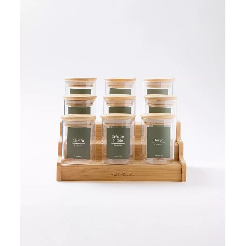 GENERICO - Especiero Cocina 15 Frascos Redondo Vidrio Bambú Rack Etiqueta Verde