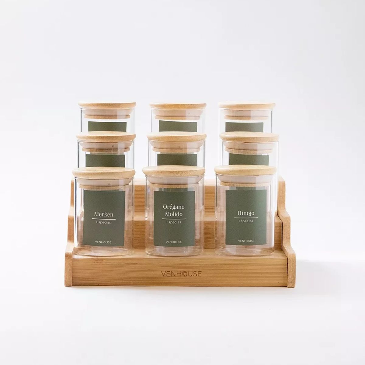 GENERICO - Especiero Cocina 15 Frascos Redondo Vidrio Bambú Rack Etiqueta Verde