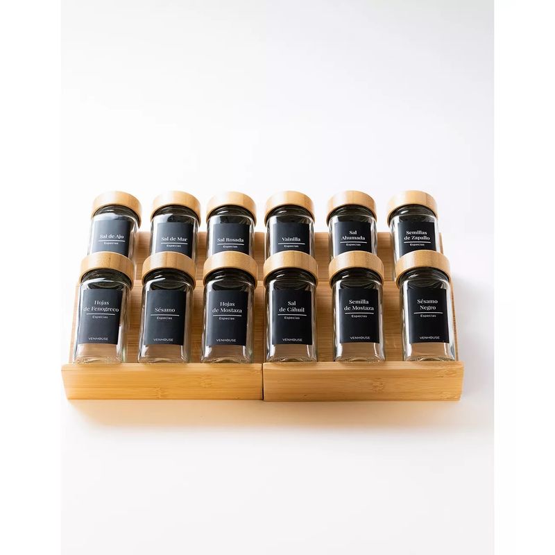 GENERICO - 12 Especieros Condimenteros Con Rack Cajón Bambú Cocina Etiqueta Negra