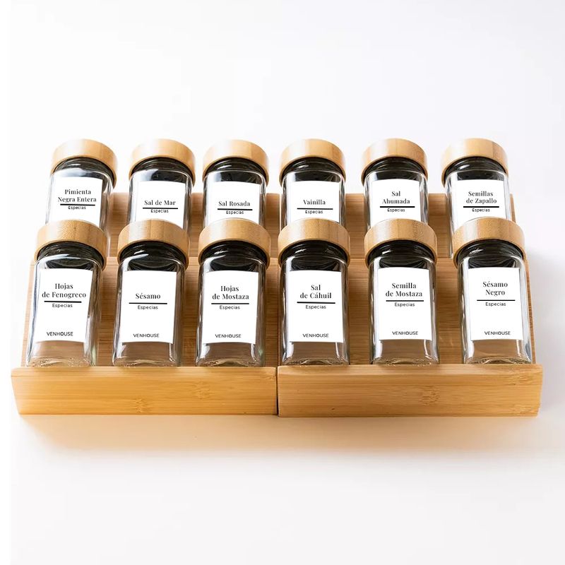 GENERICO - 12 Especieros Condimenteros Rack Cajón Bambú Cocina Etiqueta Blanca