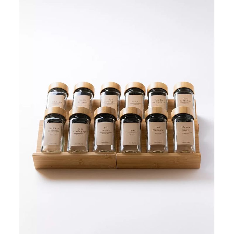 GENERICO - 12 Especieros Condimenteros Con Rack Cajón Bambú Cocina Etiqueta Beige