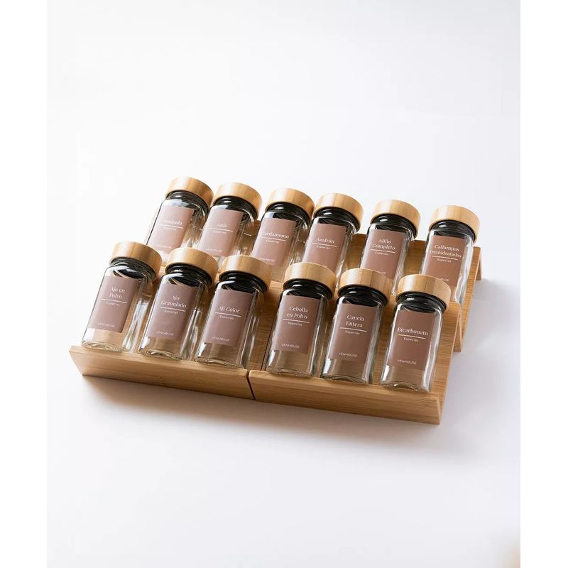 GENERICO - 12 Especieros Condimenteros Rack Cajón Bambú Cocina Etiqueta Marrón