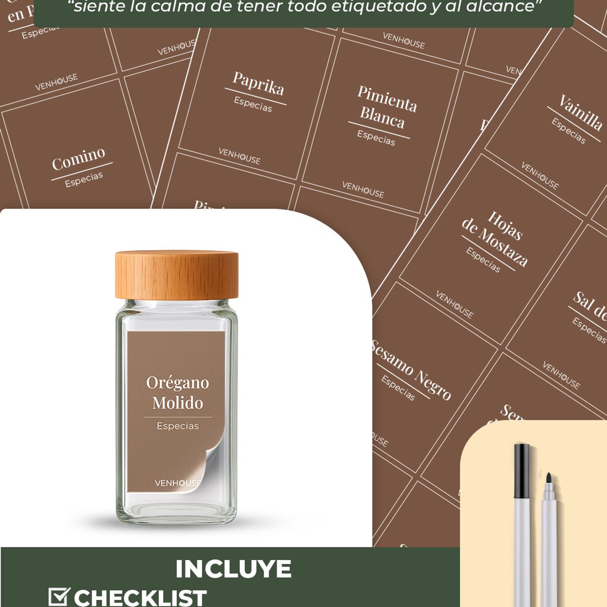 GENERICO - 12 Especieros Condimenteros Rack Cajón Bambú Cocina Etiqueta Marrón