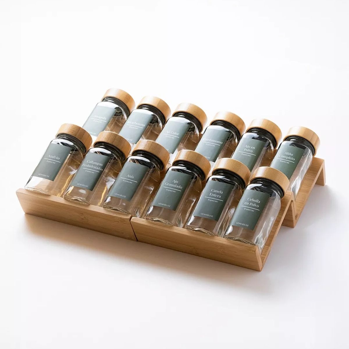 GENERICO - 12 Especieros Condimenteros Rack Cajón Bambú Cocina Etiqueta Verde