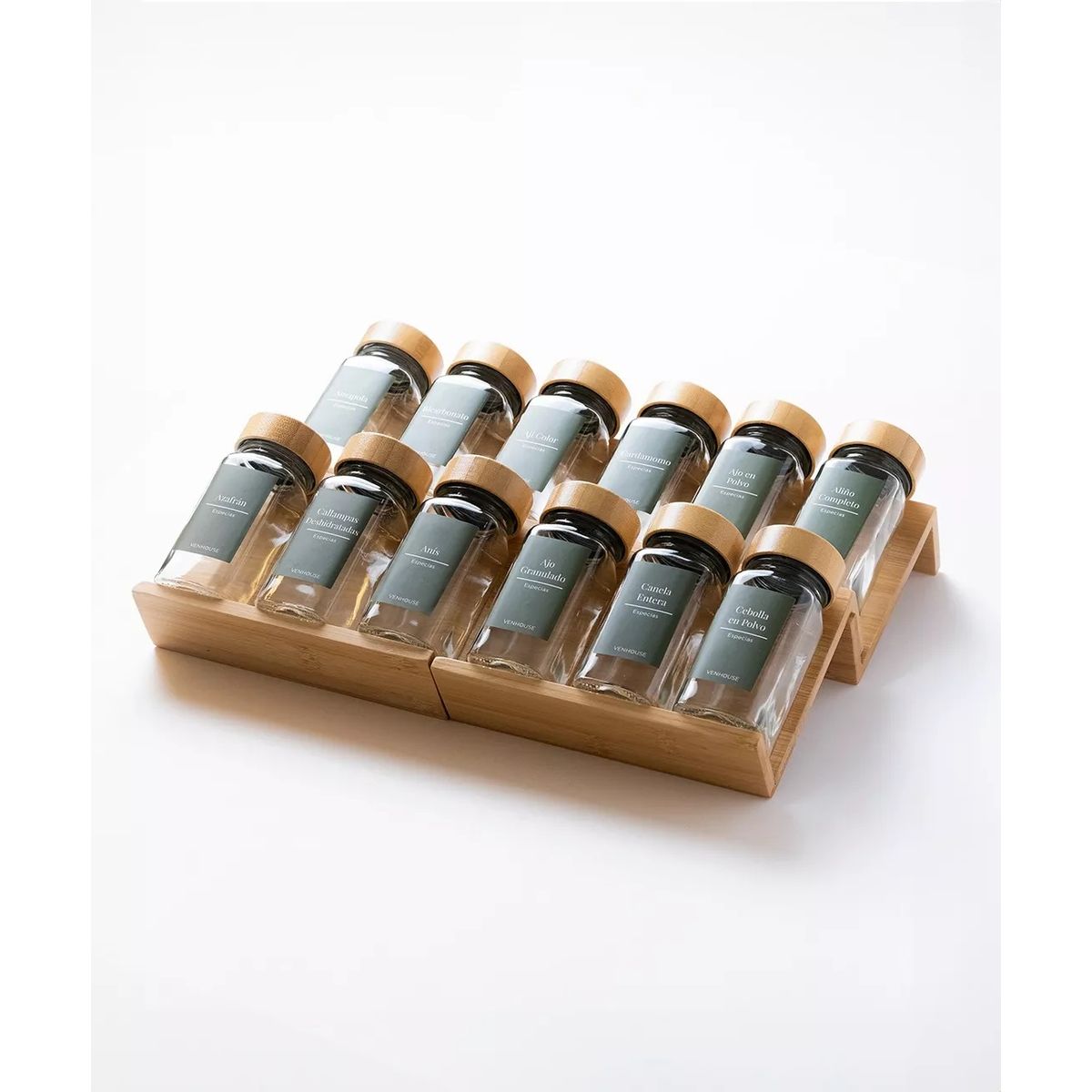 GENERICO - 12 Especieros Condimenteros Rack Cajón Bambú Cocina Etiqueta Verde