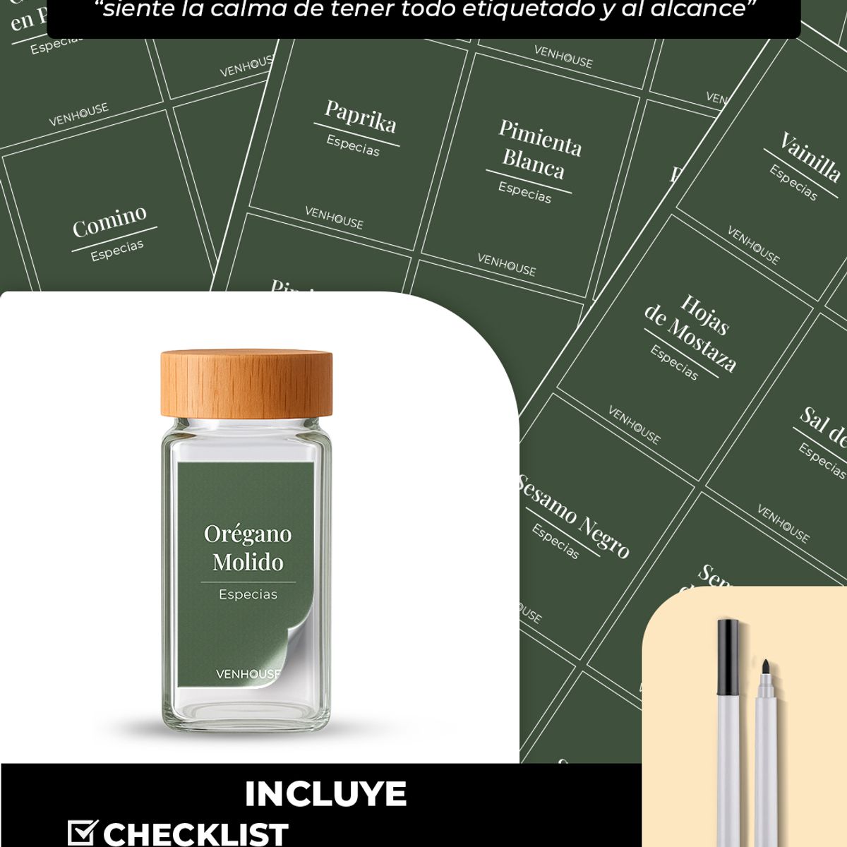 GENERICO - 12 Especieros Condimenteros Rack Cajón Bambú Cocina Etiqueta Verde