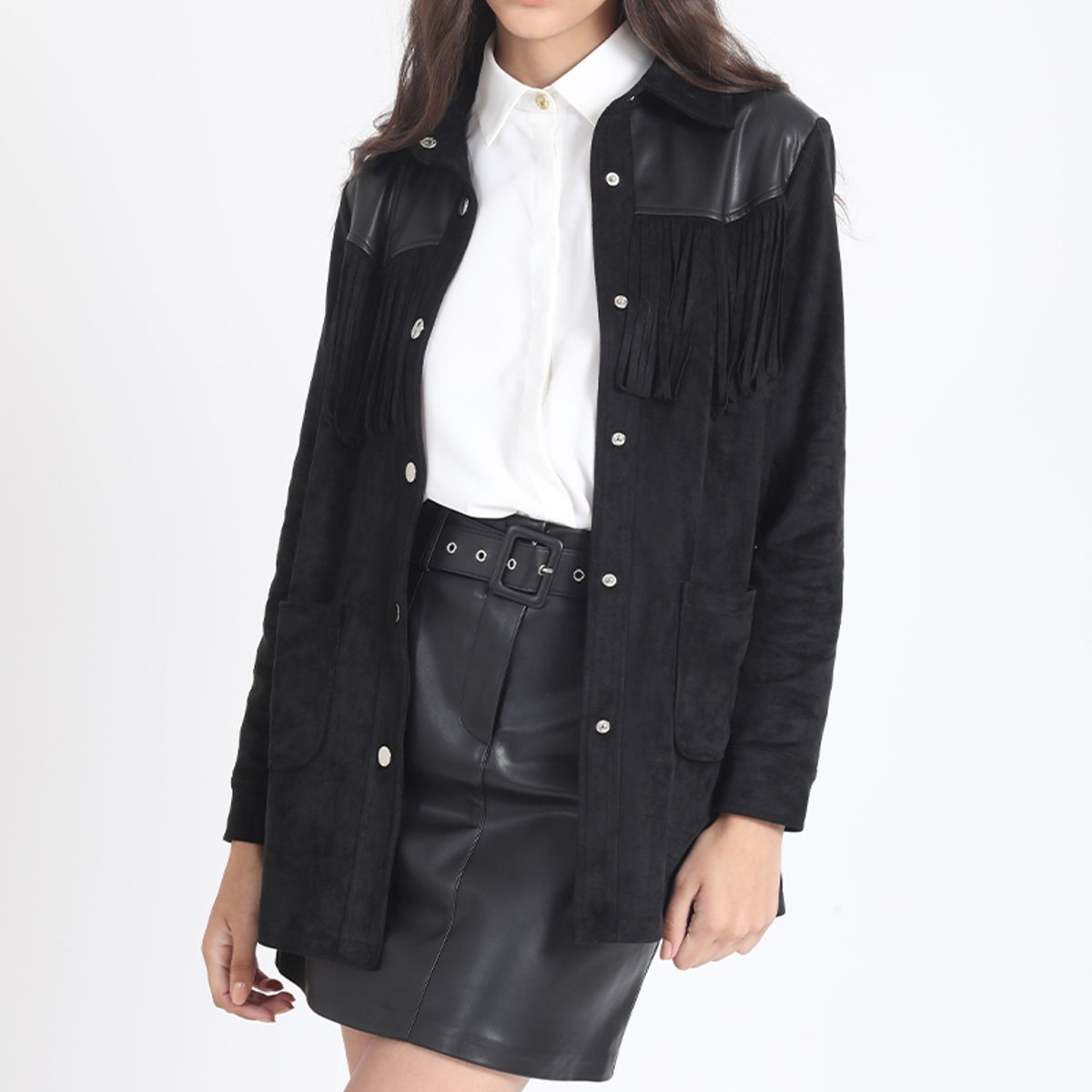 LIOLA - Chaqueta Larga Flecos Efecto Gamuza, Negro Liola