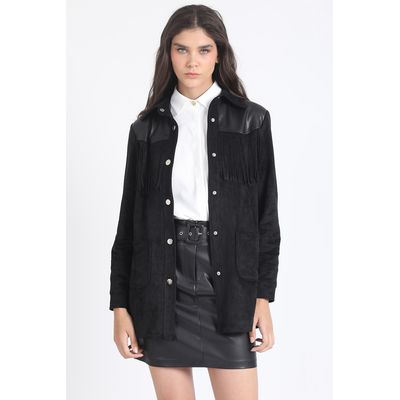 Imagen 2 del producto Chaqueta Larga Flecos Efecto Gamuza, Negro