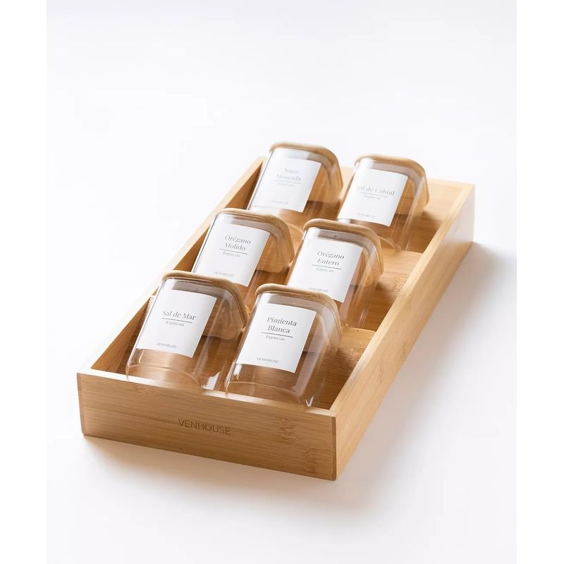 GENERICO - Set 6 Especieros Condimenteros Rack De Bambú Cocina Etiqueta Blanca